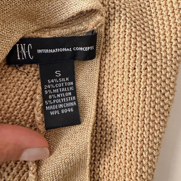 INC Gold Sparkly Halter Top | Silk Cotton Ribbed Knit Crossover Neck Blouse - Picture 2 of 6